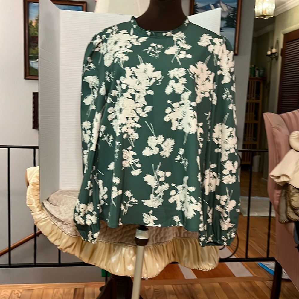 2 long sleeve blouses forest green and beige and dark tan and black.